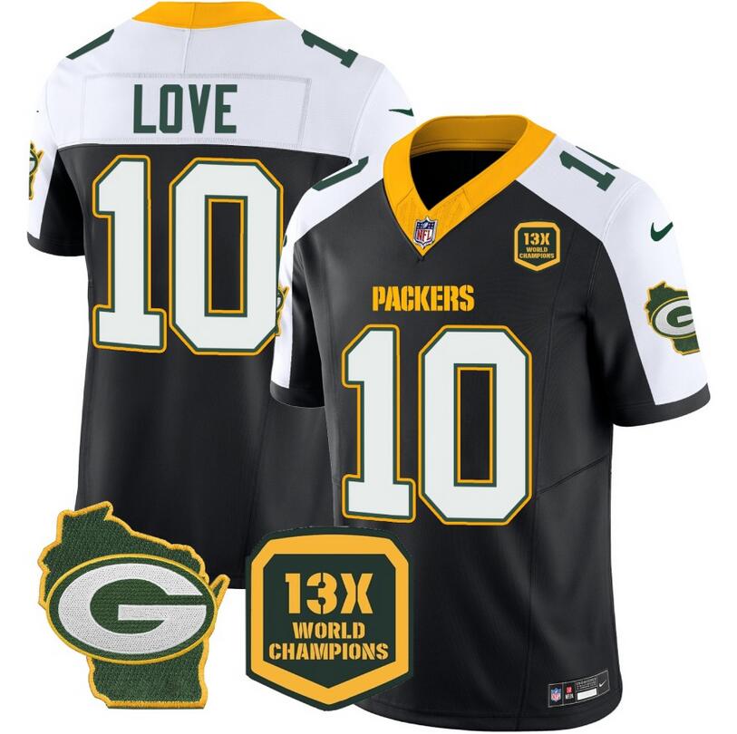 Green Bay Packers #10 Jordan Love Black White 2023 F.U.S.E. Home Patch 13 Time World Champions Vapor Untouchable Limited Stitched Jersey