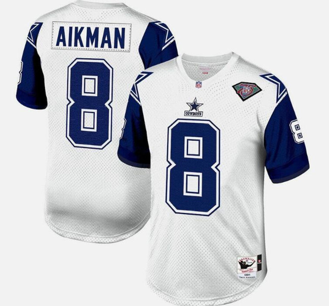 Dallas Cowboys #8 Troy Aikman White 1996 Mitchell Ness Throwback Stitched Jersey