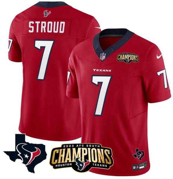 Houston Texans #7 C.J. Stroud Red 2023 F.U.S.E. AFC South Champions Patch And Team Logo Patch Vapor Untouchable Limited Stitched Jersey