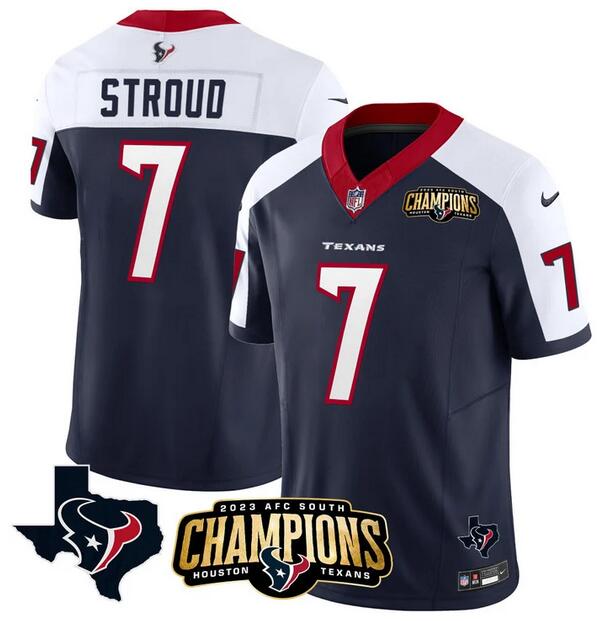 Houston Texans #7 C.J. Stroud Navy White 2023 F.U.S.E. AFC South Champions Patch And Team Logo Patch Vapor Untouchable Limited Stitched Jersey
