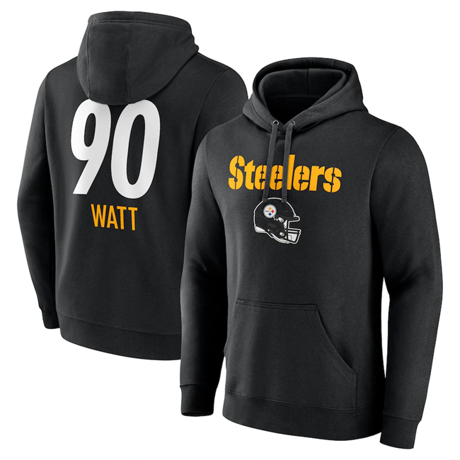 Pittsburgh Steelers #90 T.J. Watt Black Team Wordmark Player Name Number Pullover Hoodie