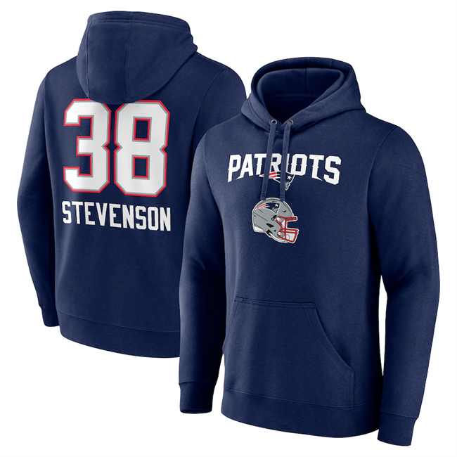 New England Patriots #38 Rhamondre Stevenson Navy Team Wordmark Player Name Number Pullover Hoodie