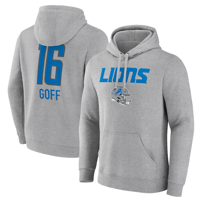 Detroit Lions #16 Jared Goff Heather Gray Team Wordmark Player Name Number Pullover Hoodie