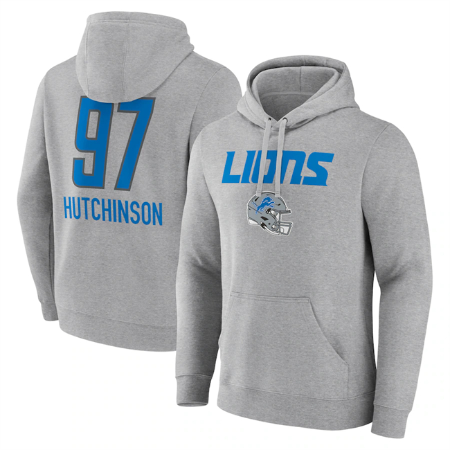 Detroit Lions #97 Aidan Hutchinson Heather Gray Team Wordmark Player Name Number Pullover Hoodie