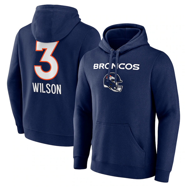 Denver Broncos #3 Russell Wilson Navy Team Wordmark Name Number Pullover Hoodie