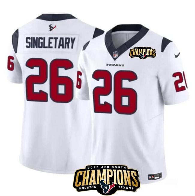Houston Texans #26 Devin Singletary White 2023 F.U.S.E. AFC South Champions Patch Vapor Untouchable Limited Stitched Jersey