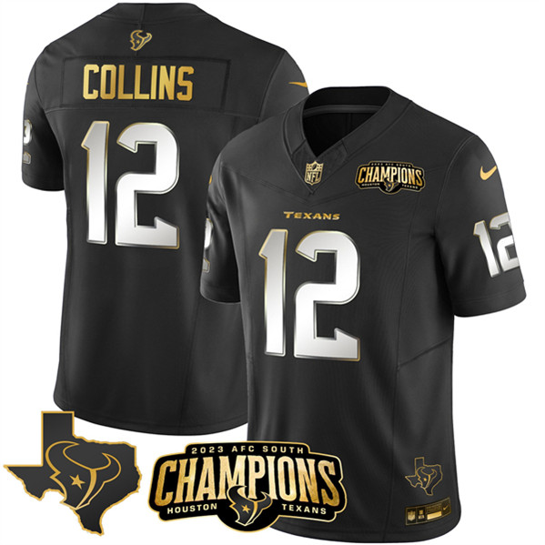 Houston Texans #12 Nico Collins Black Golden 2023 F.U.S.E. With AFC South Champions Patch And Team Logo Patch Limited Stitched Jersey