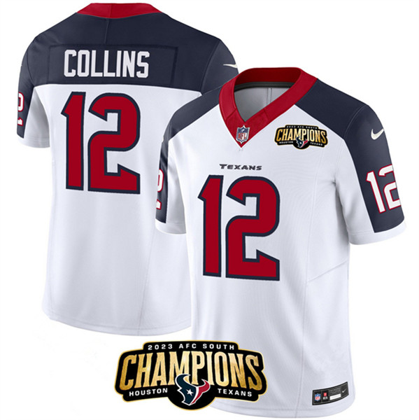 Houston Texans #12 Nico Collins White Navy 2023 F.U.S.E. With AFC South Champions Patch And Team Logo Patch Limited Stitched Jersey