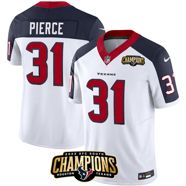 Houston Texans #31 Dameon Pierce White Navy 2023 F.U.S.E. With AFC South Champions Patch And Team Logo Patch Limited Stitched Jersey
