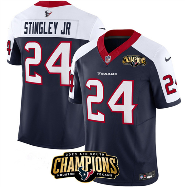 Houston Texans #24 Derek Stingley Jr. Navy White 2023 F.U.S.E. With AFC South Champions Patch And Team Logo Patch Limited Stitched Jersey