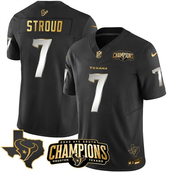 Houston Texans #7 C.J. Stroud Black Golden 2023 F.U.S.E. With AFC South Champions Patch And Team Logo Patch Limited Stitched Jersey