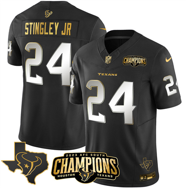 Houston Texans #24 Derek Stingley Jr. Black Golden 2023 F.U.S.E. With AFC South Champions Patch And Team Logo Patch Limited Stitched Jersey
