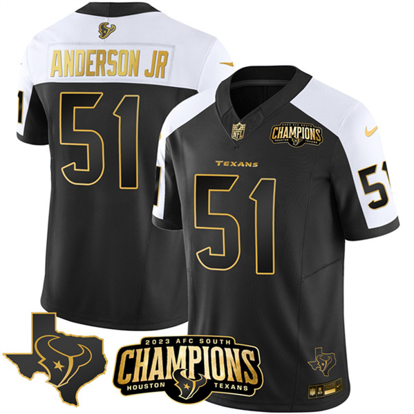 Houston Texans #51 Will Anderson Jr. Black White Golden 2023 F.U.S.E. With AFC South Champions Patch And Team Logo Patch Limited Stitched Jersey