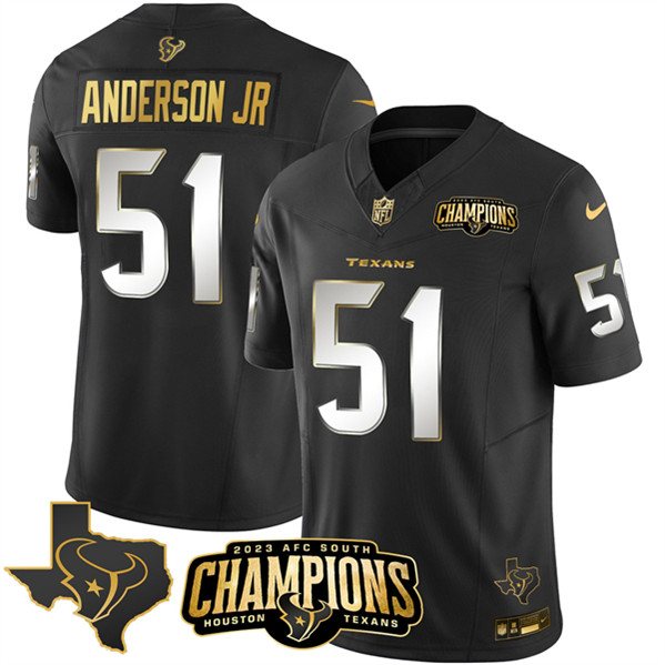 Houston Texans #51 Will Anderson Jr. Black Golden 2023 F.U.S.E. With AFC South Champions Patch And Team Logo Patch Limited Stitched Jersey