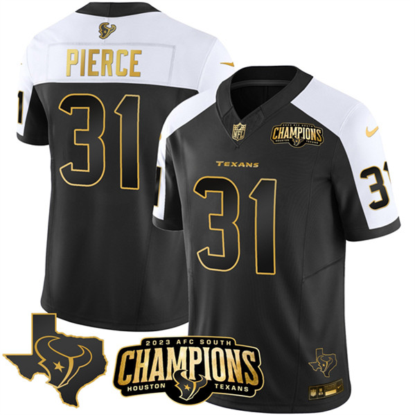 Houston Texans #31 Dameon Pierce Black White Golden 2023 F.U.S.E. With AFC South Champions Patch And Team Logo Patch Limited Stitched Jersey