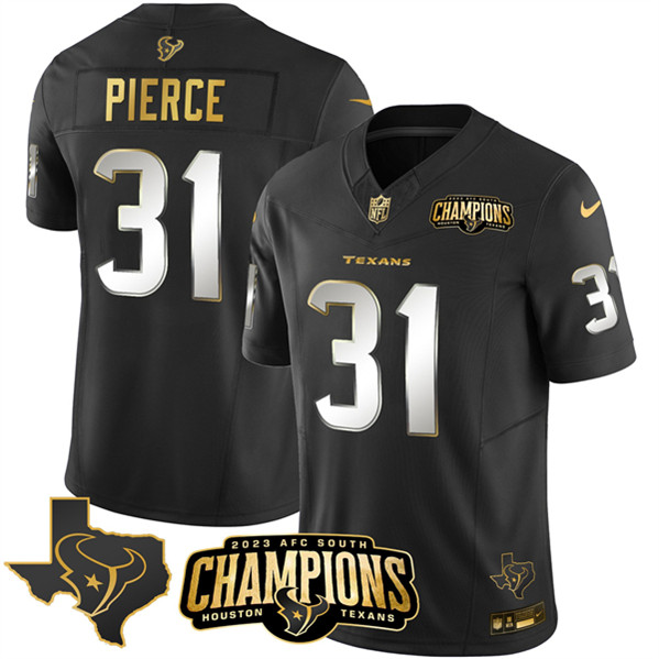 Houston Texans #31 Dameon Pierce Black Golden 2023 F.U.S.E. With AFC South Champions Patch And Team Logo Patch Limited Stitched Jersey