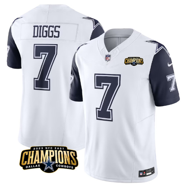 Dallas Cowboys #7 Trevon Diggs White Navy 2023 F.U.S.E. NFC East Champions Patch Stitched Jersey