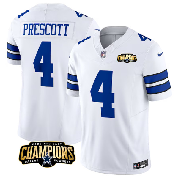 Dallas Cowboys #4 Dak Prescott White 2023 F.U.S.E. NFC East Champions Patch Stitched Jersey