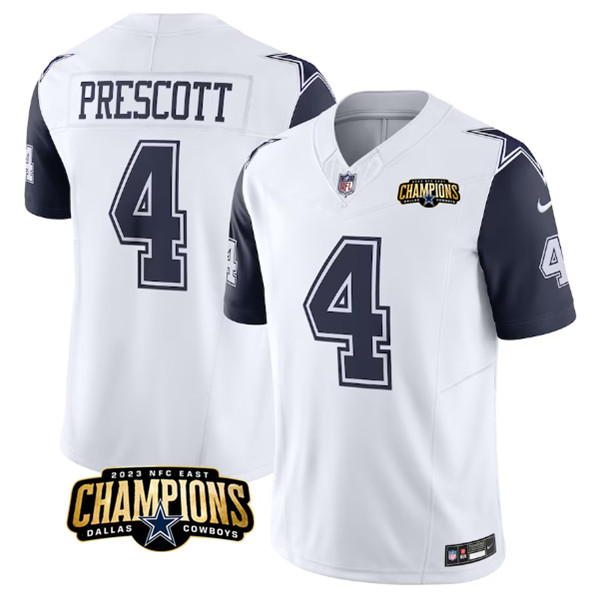 Dallas Cowboys #4 Dak Prescott White Navy 2023 F.U.S.E. NFC East Champions Patch Stitched Jersey