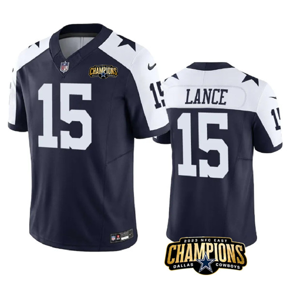 Dallas Cowboys #15 Trey Lance Navy White 2023 F.U.S.E. NFC East Champions Patch Stitched Jersey