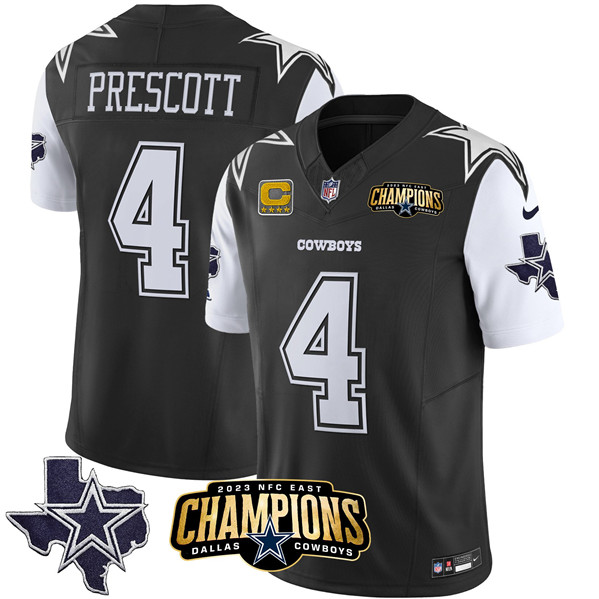 Dallas Cowboys #4 Dak Prescott Black White 2023 F.U.S.E. NFC East Champions With 4-Star C Ptach Stitched Jersey
