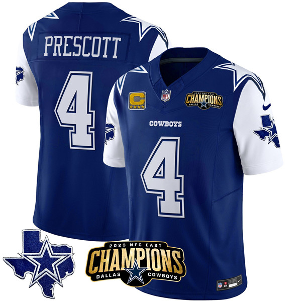 Dallas Cowboys #4 Dak Prescott Blue White 2023 F.U.S.E. NFC East Champions With 4-Star C Ptach Stitched Jersey