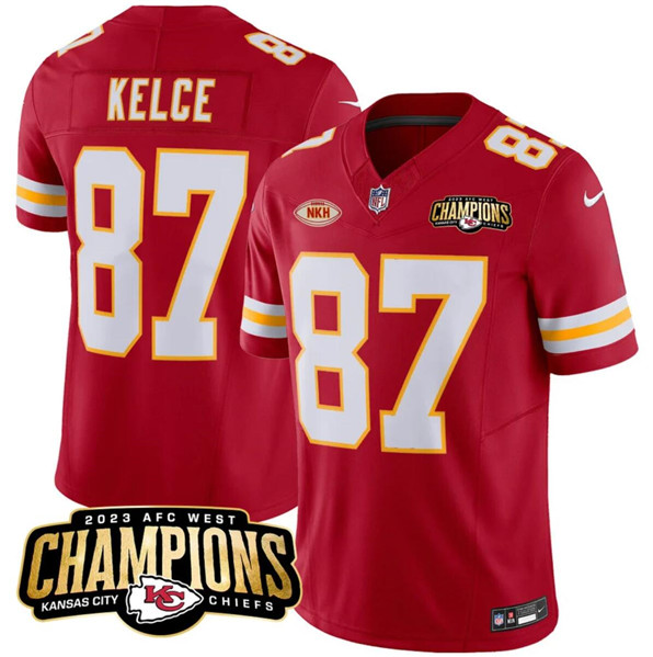 Kansas City Chiefs #87 Travis Kelce Red 2023 F.U.S.E. AFC West Champions With 