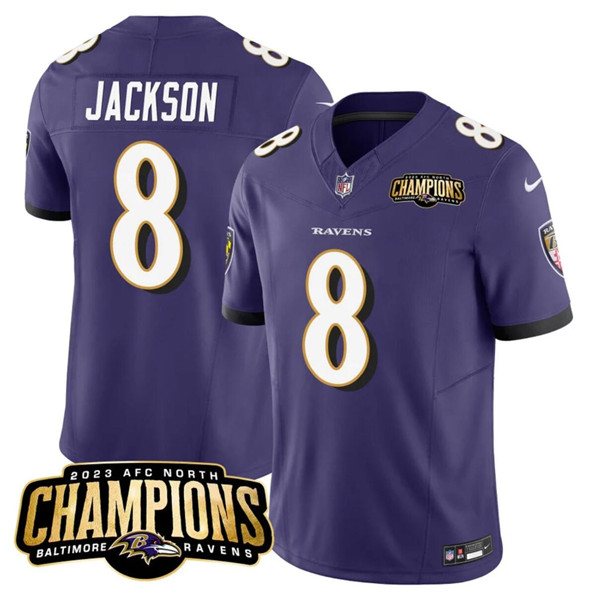 Baltimore Ravens #8 Lamar Jackson Purple 2023 F.U.S.E. AFC North Champions Vapor Limited Stitched Jersey