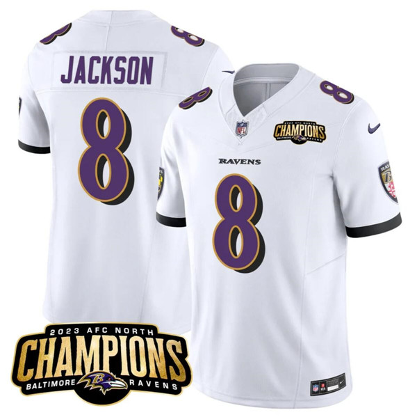 Baltimore Ravens #8 Lamar Jackson White 2023 F.U.S.E. AFC North Champions Vapor Limited Stitched Jersey
