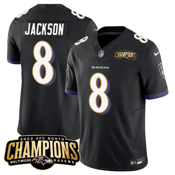 Baltimore Ravens #8 Lamar Jackson Black 2023 F.U.S.E. AFC North Champions Vapor Limited Stitched Jersey