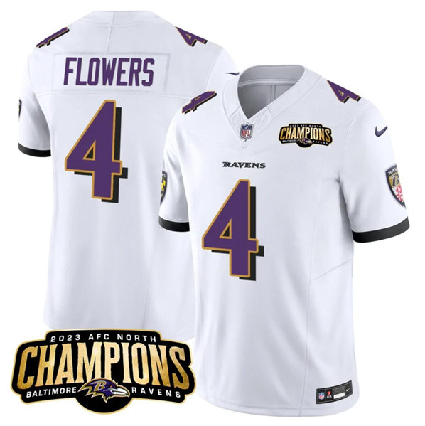 Baltimore Ravens #4 Zay Flowers White 2023 F.U.S.E. AFC North Champions Vapor Limited Stitched Jersey