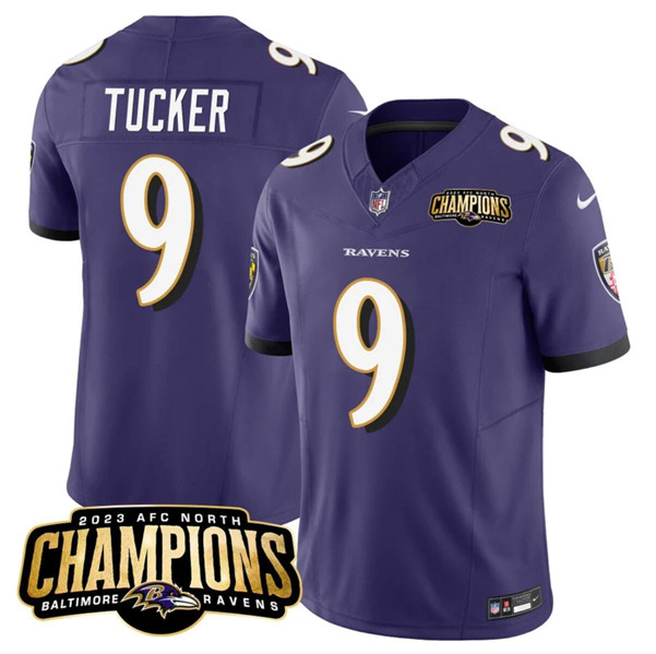 Baltimore Ravens #9 Justin Tucker Purple 2023 F.U.S.E. AFC North Champions Vapor Limited Stitched Jersey
