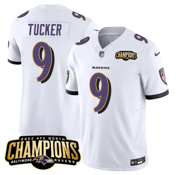 Baltimore Ravens #9 Justin Tucker White 2023 F.U.S.E. AFC North Champions Vapor Limited Stitched Jersey