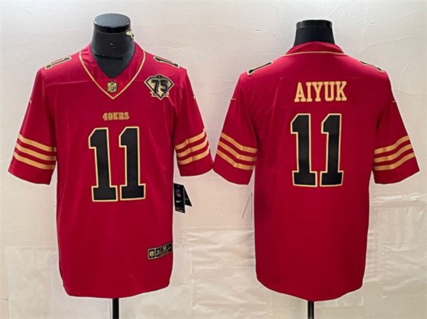 San Francisco 49ers #11 Brandon Aiyuk Red Gold With 75th Anniversary Patch Stitched Jersey