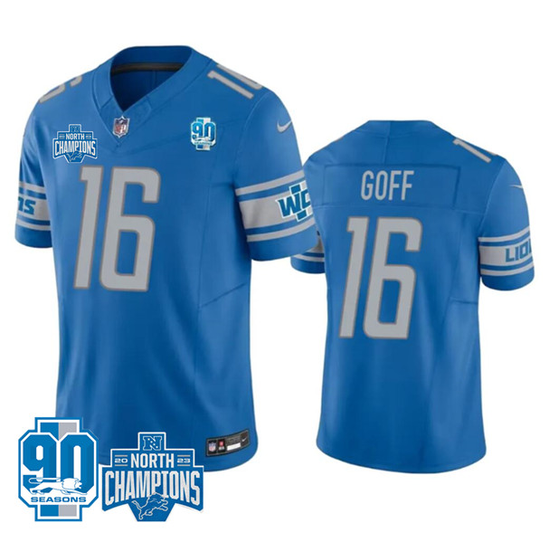 Detroit Lions #16 Jared Goff Blue 2023 90th Anniversary North Division Champions Patch Limited Stitched Jersey