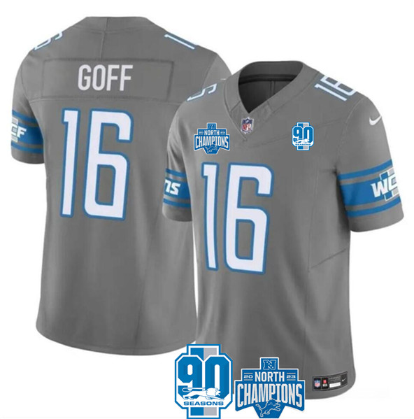 Detroit Lions #16 Jared Goff Gray 2023 90th Anniversary North Division Champions Patch Limited Stitched Jersey