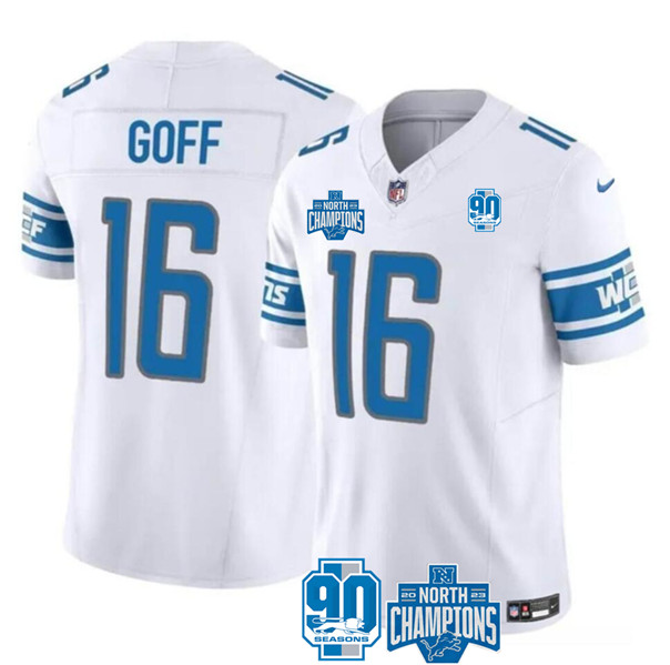 Detroit Lions #16 Jared Goff White 2023 90th Anniversary North Division Champions Patch Limited Stitched Jersey