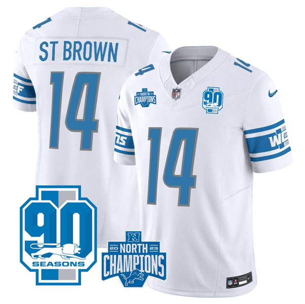 Detroit Lions #14 Amon-Ra St. Brown White 2023 90th Anniversary North Division Champions Patch Limited Stitched Jersey