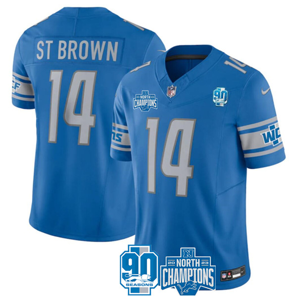Detroit Lions #14 Amon-Ra St. Brown Blue 2023 90th Anniversary North Division Champions Patch Limited Stitched Jersey