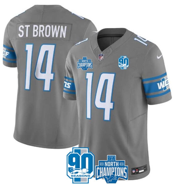 Detroit Lions #14 Amon-Ra St. Brown Gray 2023 90th Anniversary North Division Champions Patch Limited Stitched Jersey