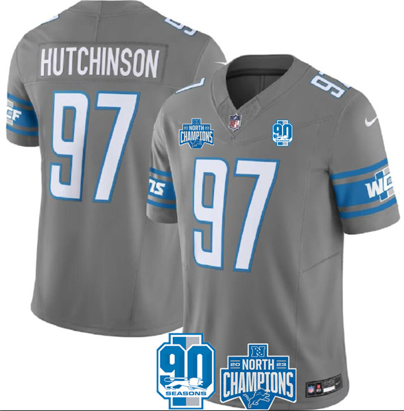 Detroit Lions #97 Aidan Hutchinson Gray 2023 90th Anniversary North Division Champions Patch Limited Stitched Jersey