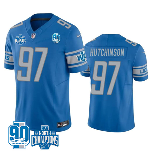 Detroit Lions #97 Aidan Hutchinson Blue 2023 90th Anniversary North Division Champions Patch Limited Stitched Jersey