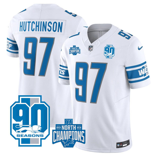 Detroit Lions #97 Aidan Hutchinson White 2023 90th Anniversary North Division Champions Patch Limited Stitched Jersey