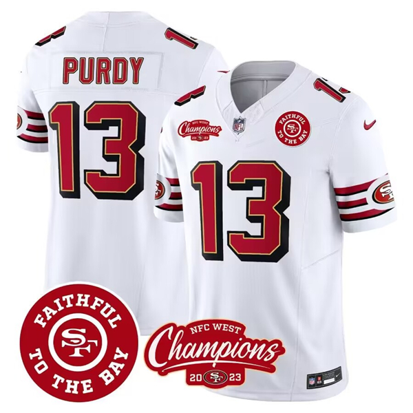 San Francisco 49ers #13 Brock Purdy White 2023 F.U.S.E. Faithful To The Bay And NFC West Champions Patch Stitched Jersey