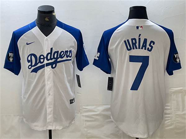 Los Angeles Dodgers #7 Julio Urías White Blue Vin Patch Cool Base Stitched Jersey