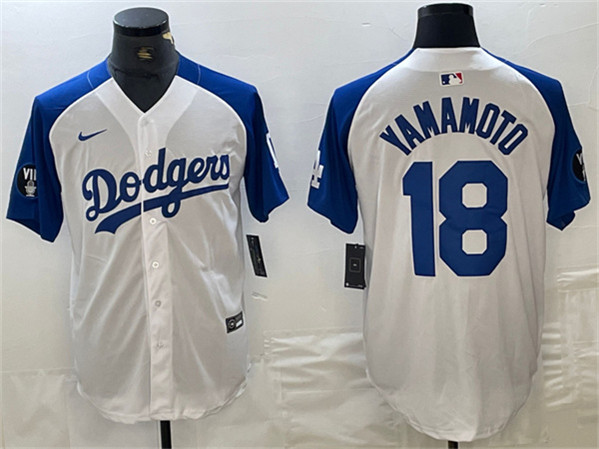 Los Angeles Dodgers #18 Yoshinobu Yamamoto White Blue Vin Patch Cool Base Stitched Jersey