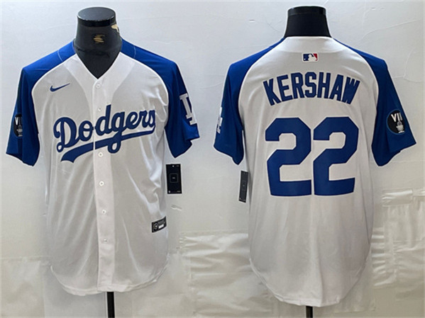 Los Angeles Dodgers #22 Clayton Kershaw White Blue Vin Patch Cool Base Stitched Jersey