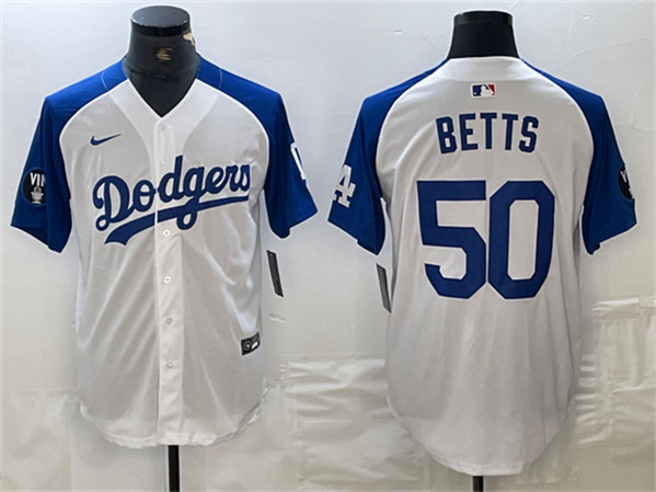 Los Angeles Dodgers #50 Mookie Betts White Blue Vin Patch Cool Base Stitched Jersey