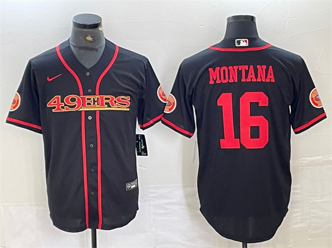 San Francisco 49ers #16 Joe Montana Black With Patch Cool Base Stitched Jersey