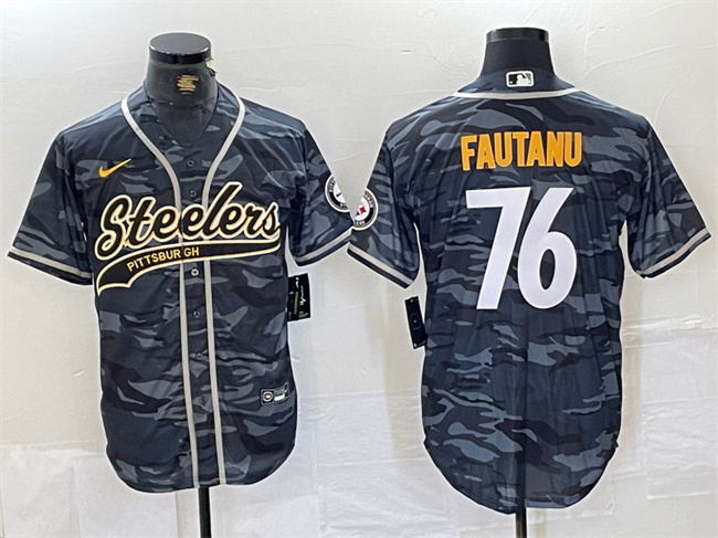 Pittsburgh Steelers #76 Troy Fautanu Gray Camo With Patch Cool Base Stitched Jersey